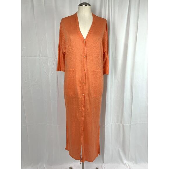 Notshy Cashmere Neva Orange Linen Long Dress Cardigan V Neck Button Up L/XL - Picture 1 of 16